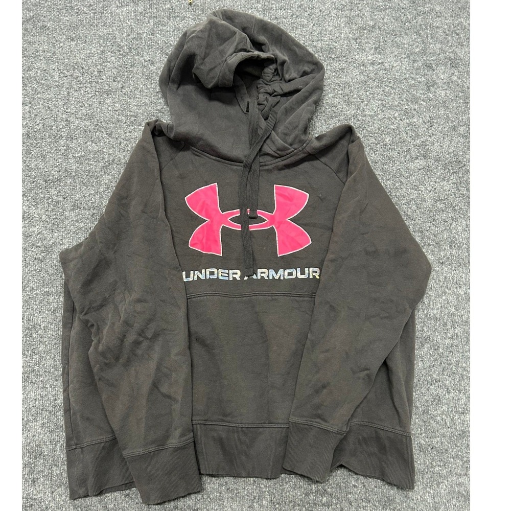 Under Armour Hoodie Womens Size 1X Grey Pink Logo Loose Fit Fleece Sweatshirt